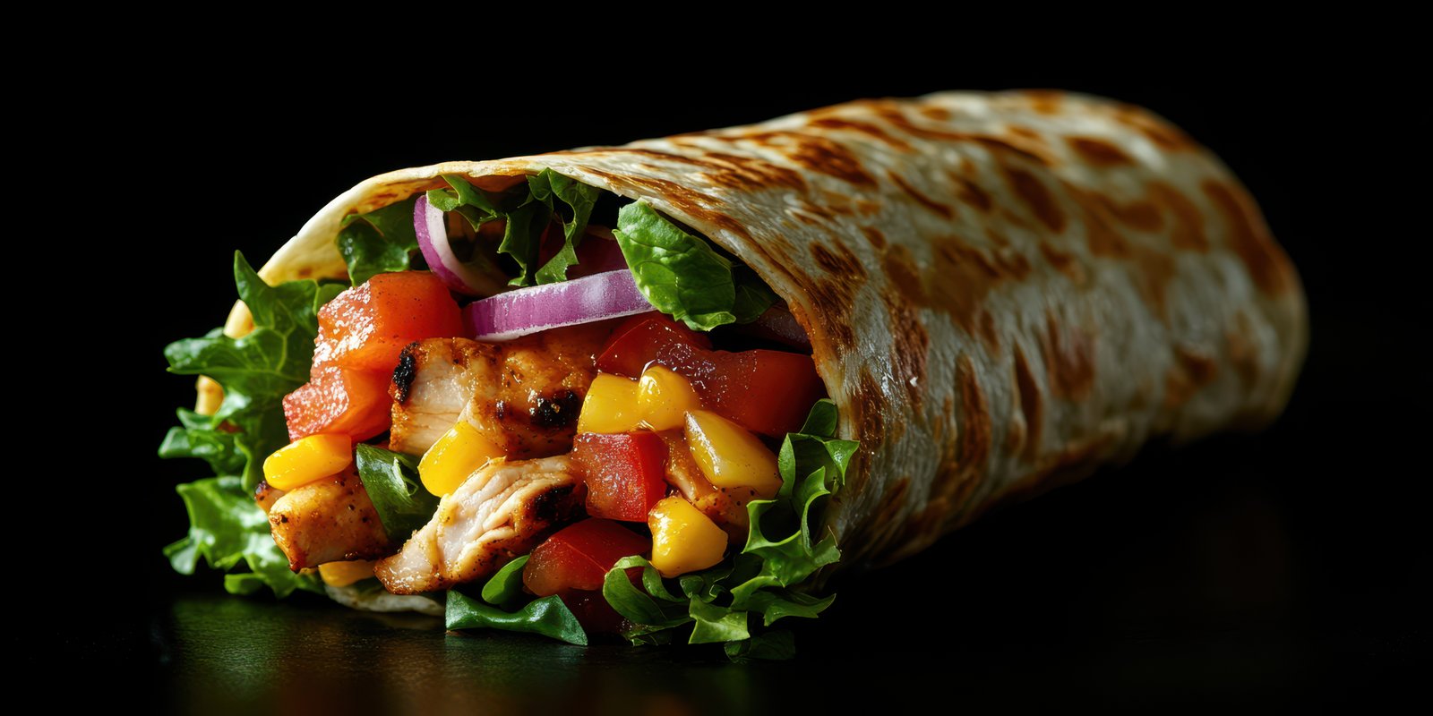 Healthy chicken wrap with fresh vegetables and a rich flavor served in a warm tortilla